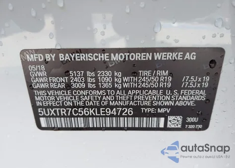 2019 BMW X3 Sdrive30I z USA, uszkodzony, nr VIN 5UXTR7C56KLE94726